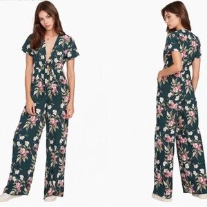 Volcom Floral Wide Leg Jumpsuit Women Size M Green Boho Wrap Jumpsuit